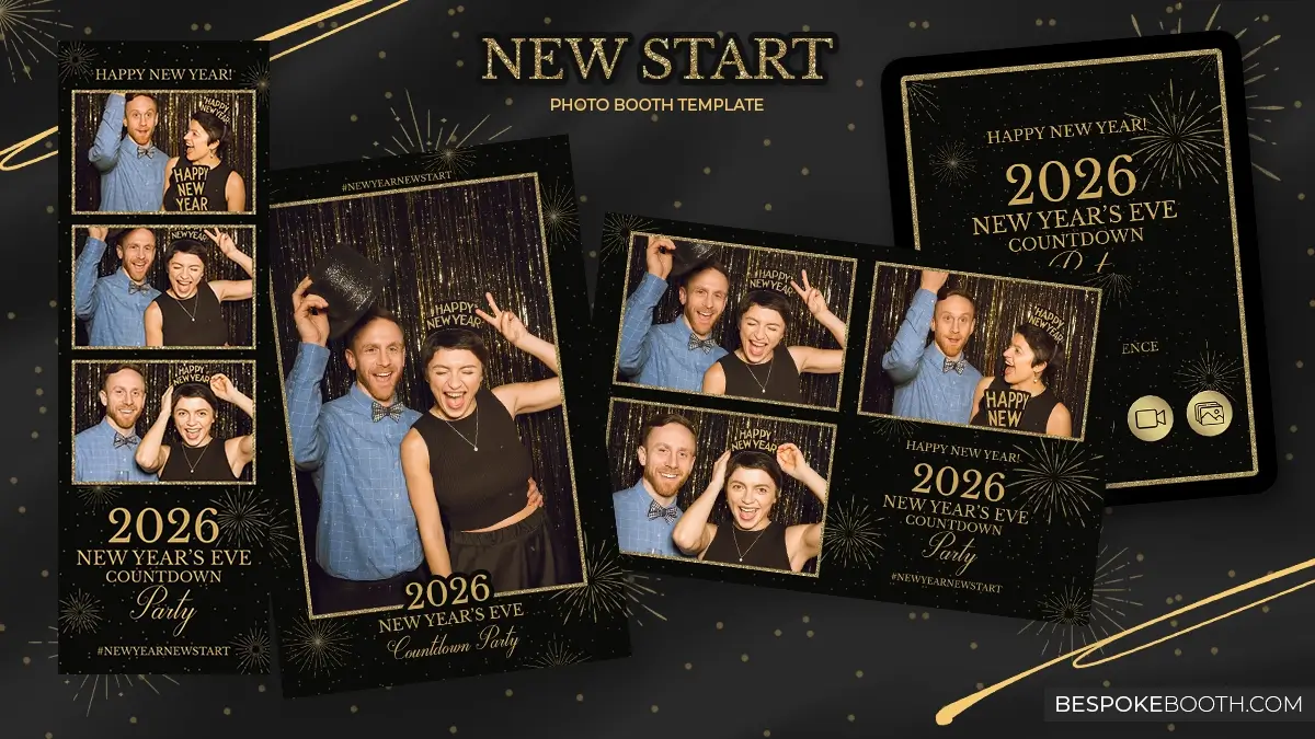 Black and gold New Year’s Eve 2026 photo booth template set featuring 2x6, 4x6 and 6x4 layouts with countdown party design and fireworks accents.