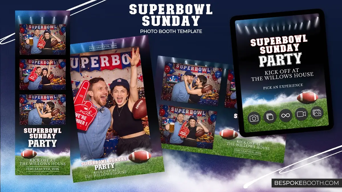 Superbowl Sunday American football themed photo booth templates showing a lively party scene with cheering guests, football props, stadium lights and a matching sports start screen design.