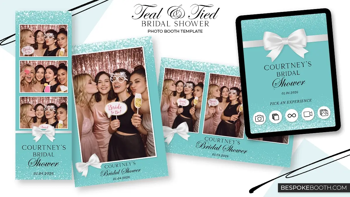 Teal bridal shower photo booth templates featuring a sparkling teal background, white bow ribbon detail, vertical photo strip layout, single photo layout, and a matching teal start screen displayed on a tablet.