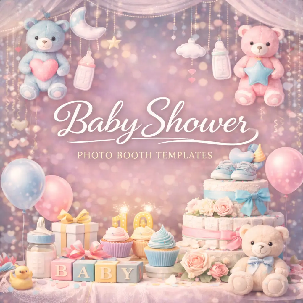 Graduation photo booth templates category image with soft pastel tones teddy bears balloons hanging baby decor tiered cake cupcakes gift boxes and glowing bokeh lights
