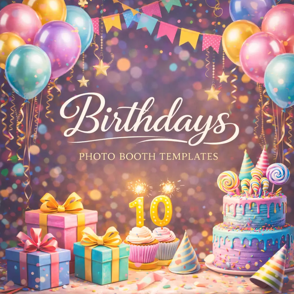 Birthday photo booth templates category image with colorful balloons festive bunting wrapped gifts cupcakes party hats and a bright birthday cake