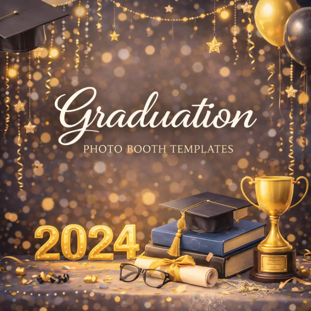 Graduation photo booth templates category image with golden bokeh lights graduation caps stacked books diploma scroll trophy balloons and a 2024 celebration display