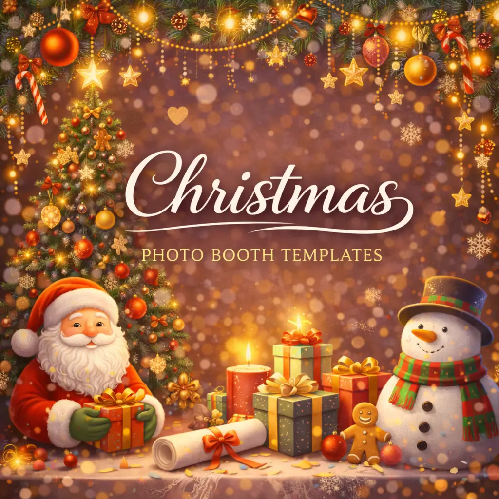 Graduation photo booth templates category image with warm golden bokeh lights festive decorations wrapped gifts glowing candles holiday characters and decorative greenery