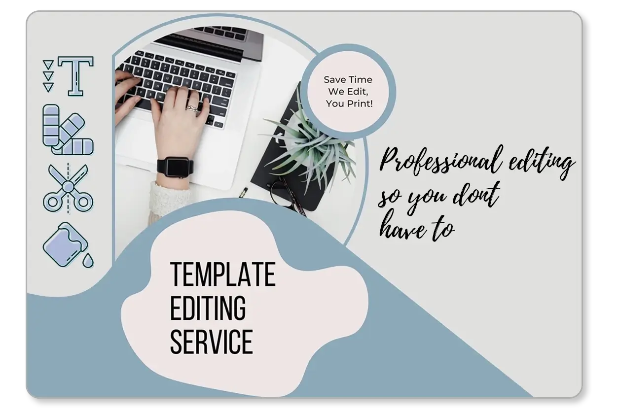 Photo booth template editing service graphic showing hands working on a laptop with design icons soft blue shapes and professional editing messaging
