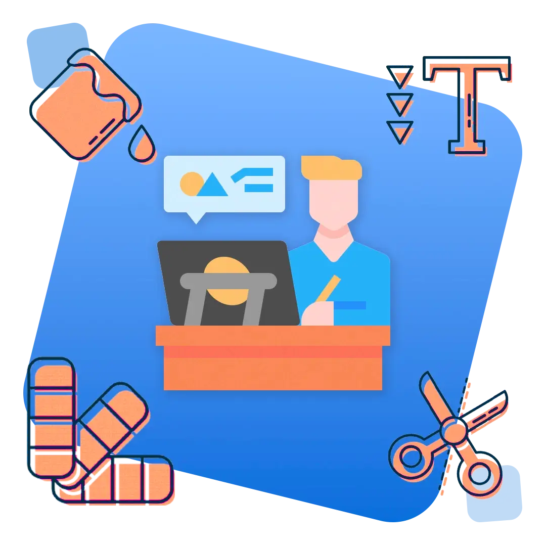 Editing service for photo booth templates illustration showing a designer working at a desk with design icons for text images color tools and layout editing