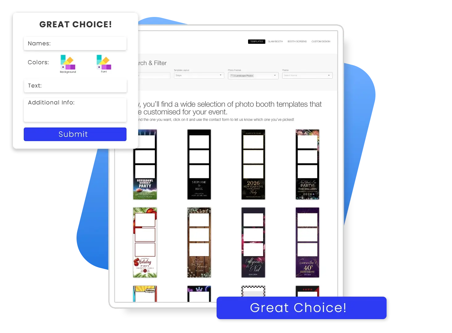 Gallery widget for photo booth templates showing a template selection screen with customization form options for names colors text and event details
