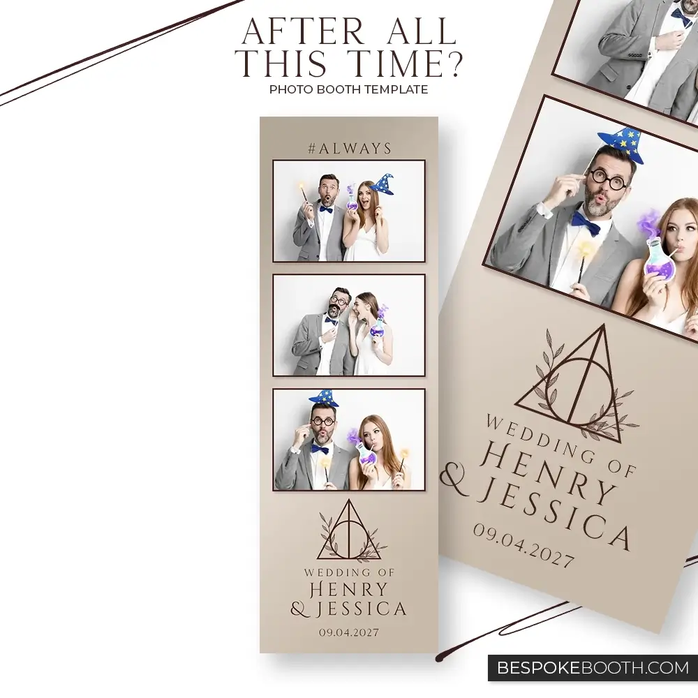 Wizard and witch magic wedding photo booth template with minimal beige design showing a couple holding wands and potion props with elegant typography and vertical photo strip layout for modern events