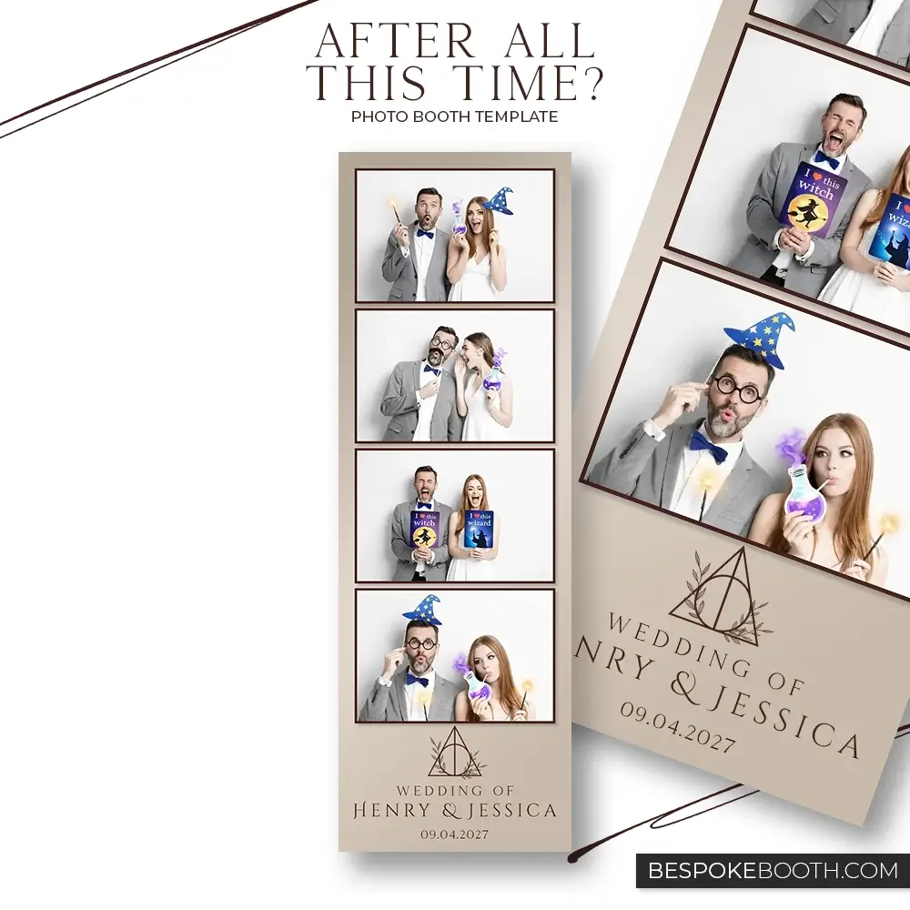 Wizard and witch magic wedding photo booth template with minimal beige design featuring a couple holding wands and potion props in a vertical three photo strip layout with elegant typography for modern events