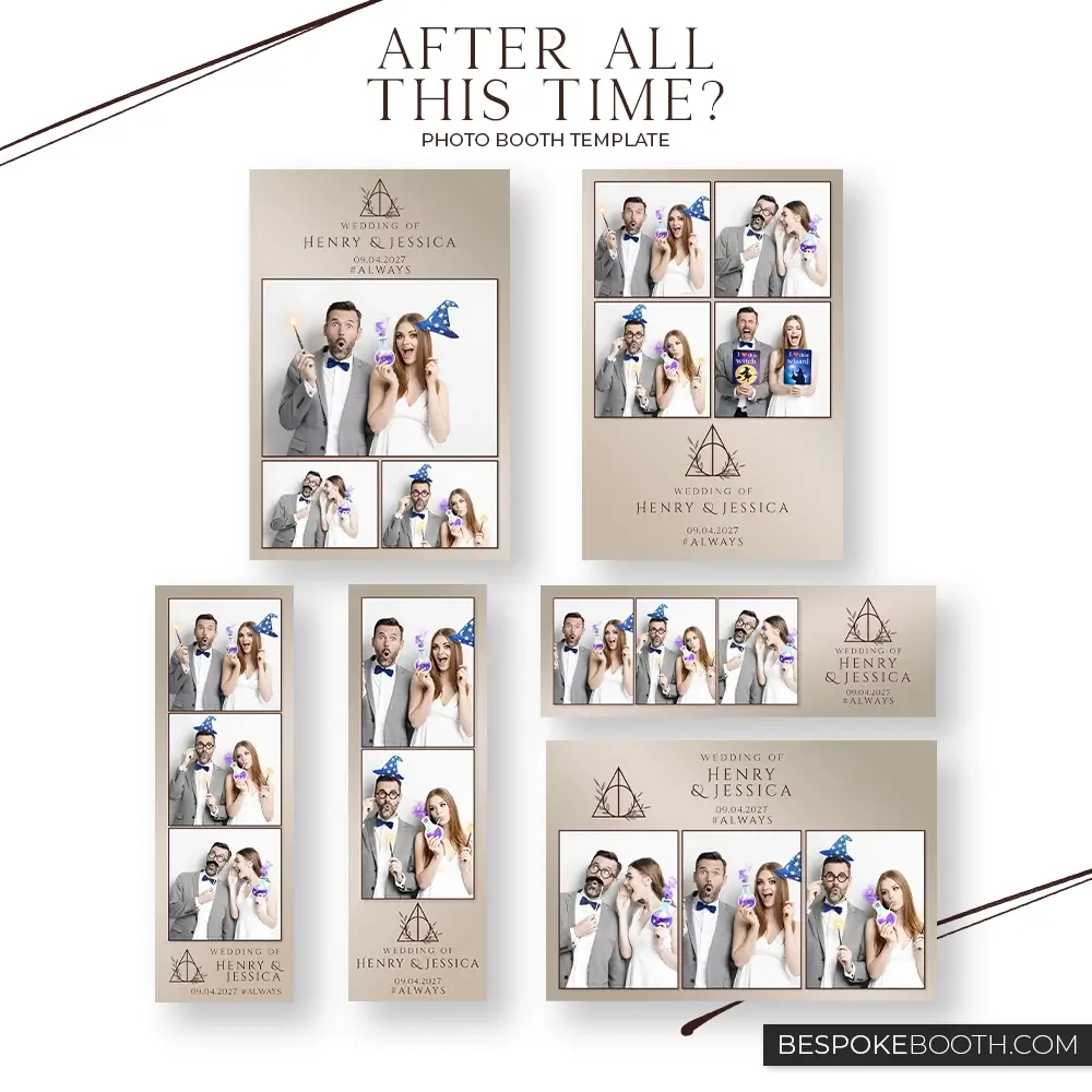 Wizard and witch magic wedding photo booth template collection with minimal beige design showing multiple layouts including photo strips and multi photo frames with a couple holding wands and potion props for modern events