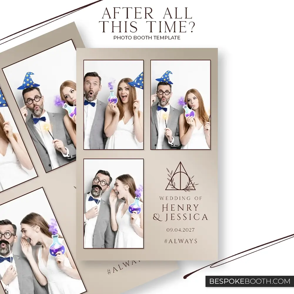 Wizard and witch magic wedding photo booth template with minimal beige layout showing a couple holding wands and potion props in a three photo frame design with elegant typography for modern events