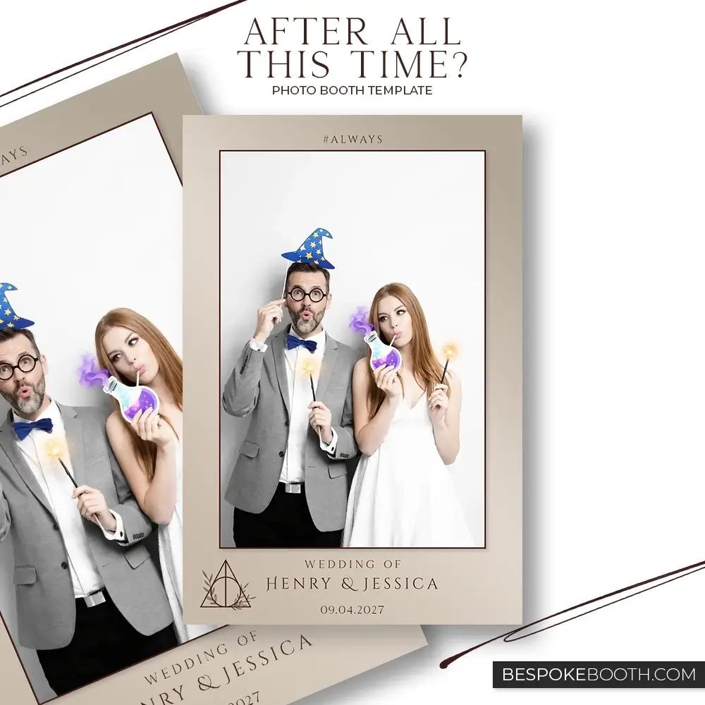 Wizard and witch magic wedding photo booth template with minimal beige design showing a bride and groom holding wands and potion props in a single photo layout with elegant typography for modern events