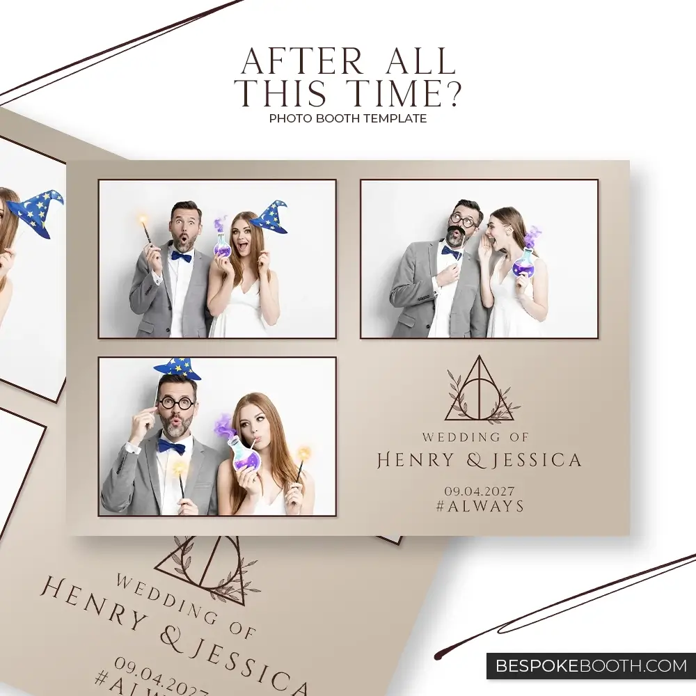Wizard and witch magic wedding photo booth template with minimal beige design featuring three photo frames of a couple holding wands and potion props with elegant typography for modern events