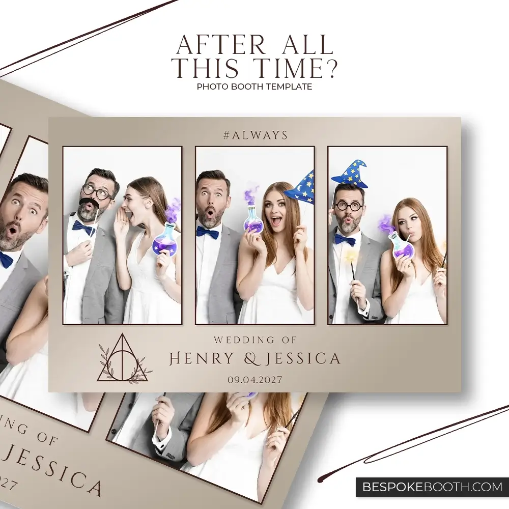 Wizard and witch magic wedding photo booth template with minimal beige layout featuring three portrait photos of a couple holding wands and potion props with elegant typography for modern events