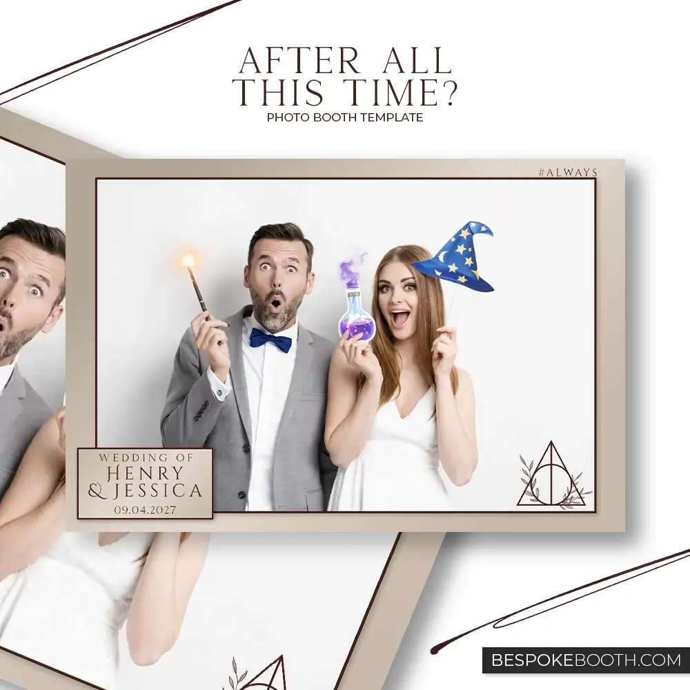 Wizard and witch magic wedding photo booth template with minimal beige layout showing a bride and groom holding a wand and potion prop in a single photo design with elegant typography for modern events