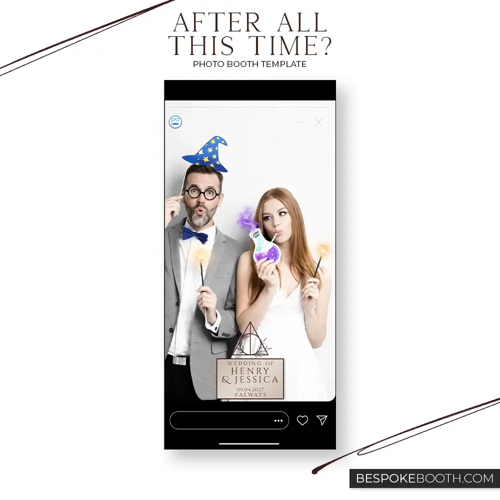 Wizard and witch magic wedding photo booth template for 360 booth portrait layout showing a bride and groom holding wands and potion props in a minimal modern design for event videos and photos