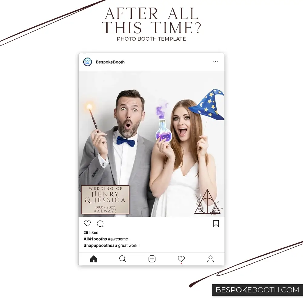 Wizard and witch magic wedding photo booth template shown in a square social media layout with a bride and groom holding a wand and potion prop in a clean minimal design for modern events