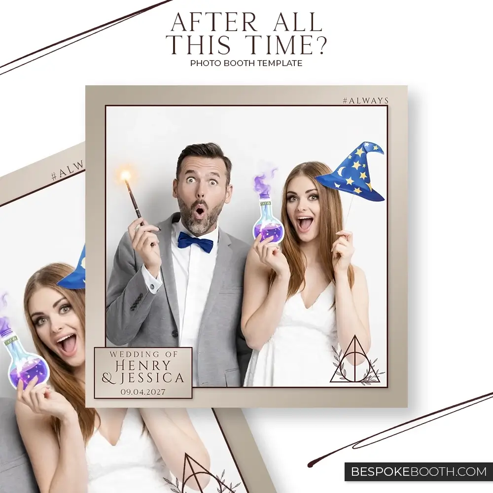 Wizard and witch magic wedding photo booth template in square format with minimal beige frame showing a bride and groom holding a wand and potion prop with elegant typography for modern events