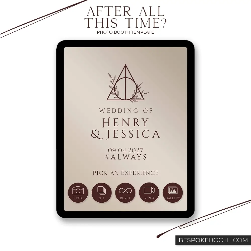 Wizard and witch magic wedding photo booth start screen template with minimal beige design showing couple names elegant typography and experience selection buttons for modern events