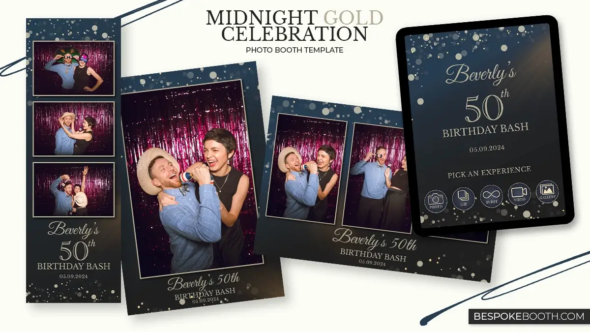 Midnight Gold Celebration birthday photo booth templates and start screen design featuring elegant navy backgrounds with gold bokeh lights, multi photo layouts, and a touchscreen interface preview for party events