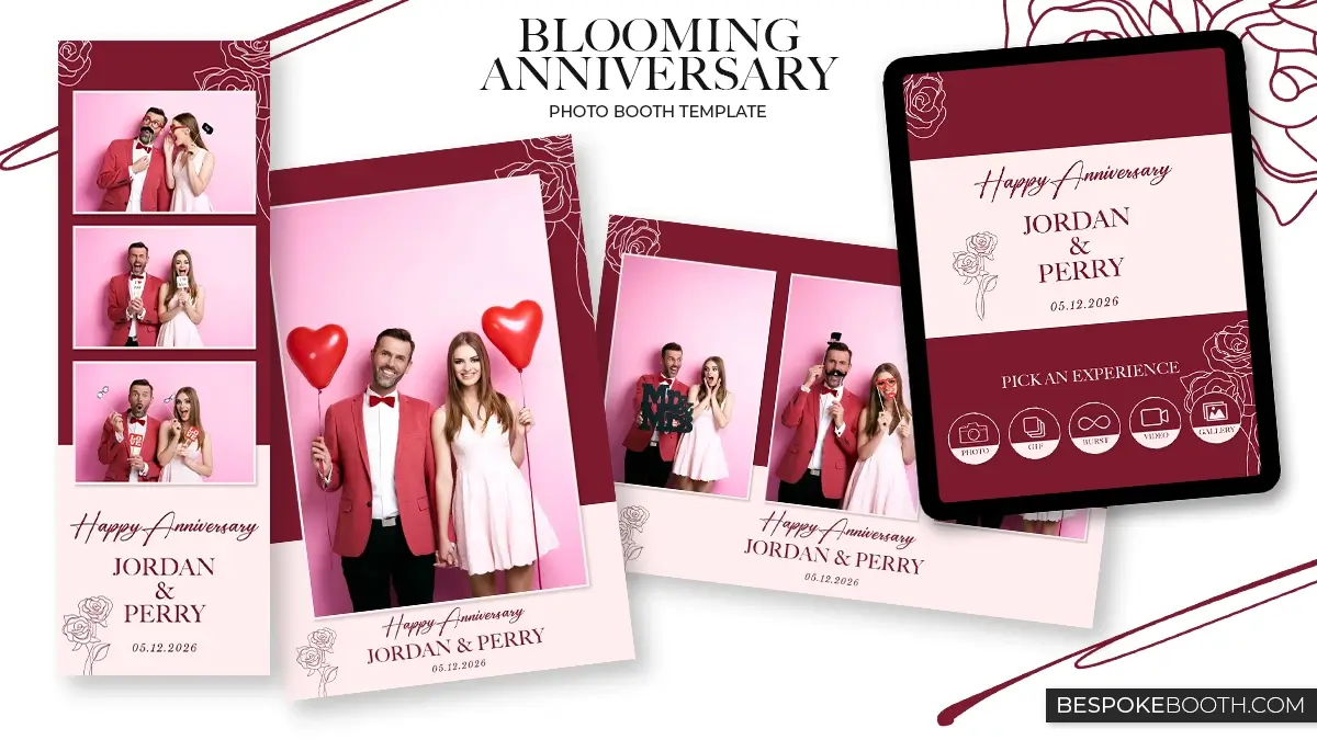 Anniversary photo booth templates and start screen featuring red velvet and soft pink tones with rose line work frames elegant couple photos in a modern romantic layout
