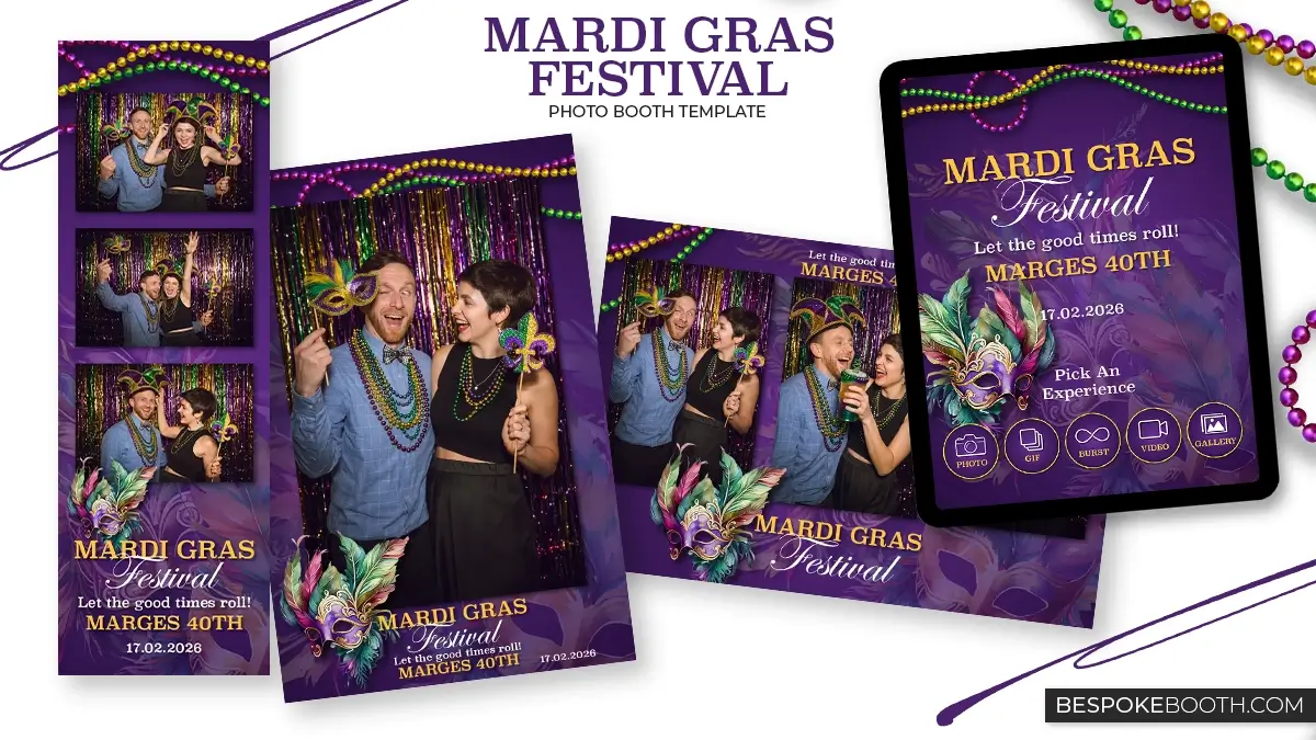 Mardi Gras Festival photo booth templates and Start Screen in purple with beads masquerade mask feathers and festive photo strip layouts