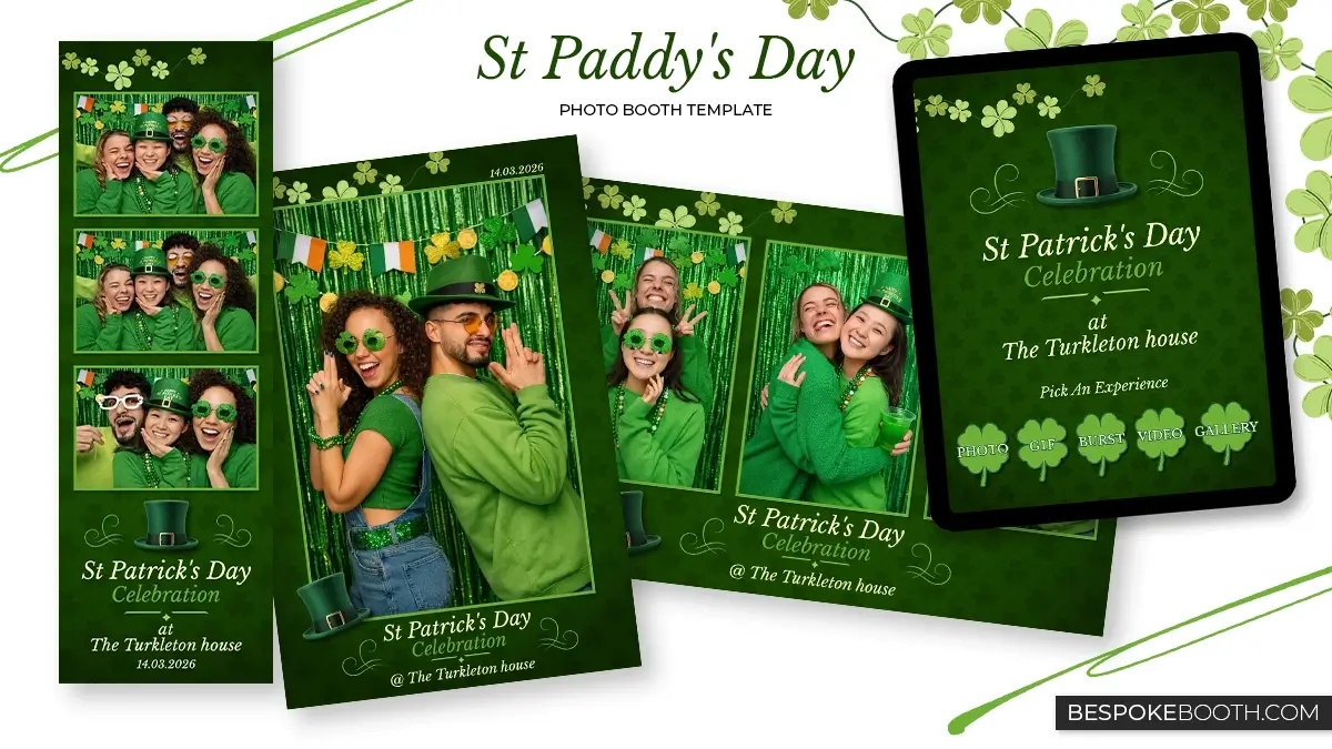 St Patrick’s Day green photo booth templates and start screen with lucky Ireland leprechaun theme for photo booth owners