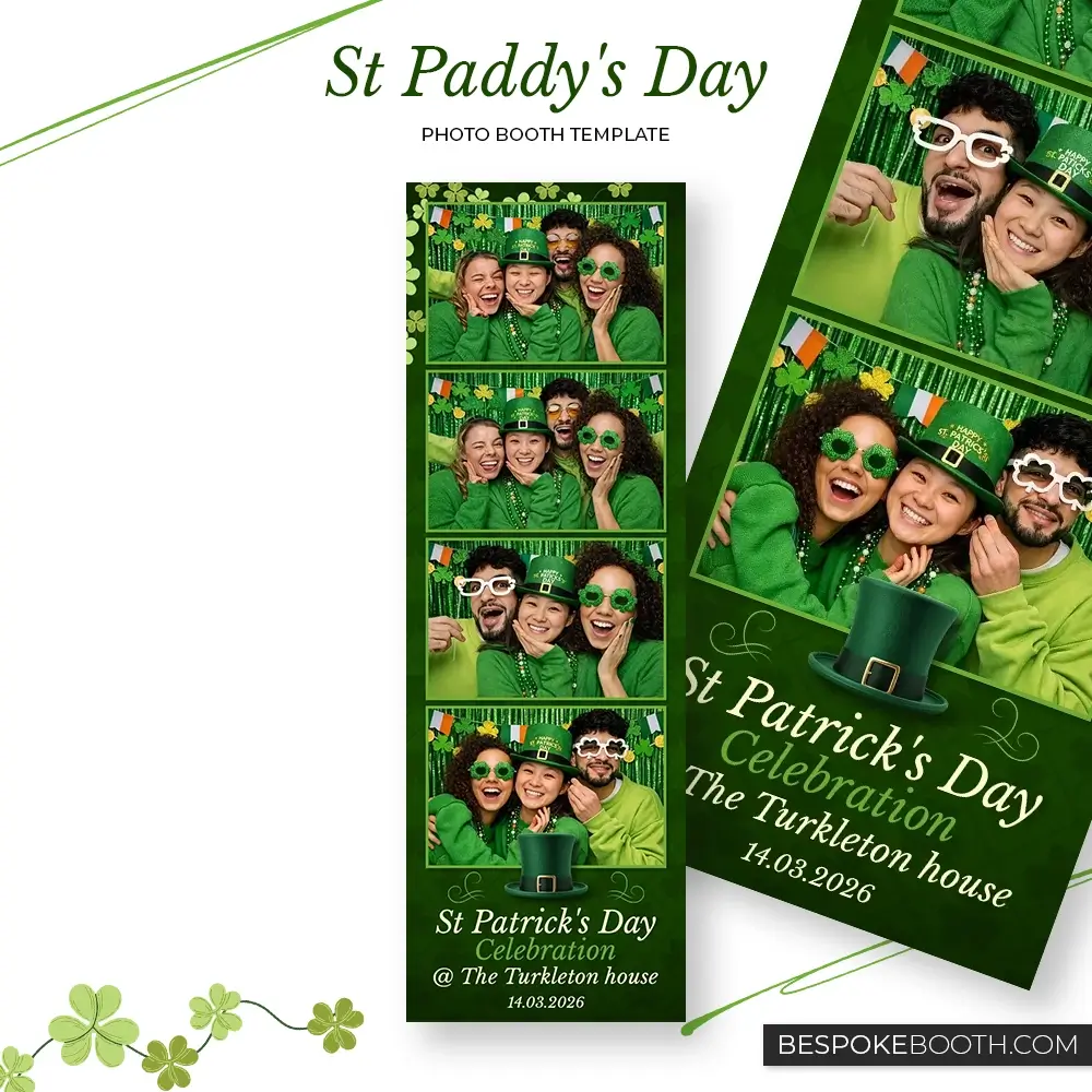 St Patrick’s Day green photo booth template with lucky Ireland leprechaun theme and four photo strip layout for photo booth owners