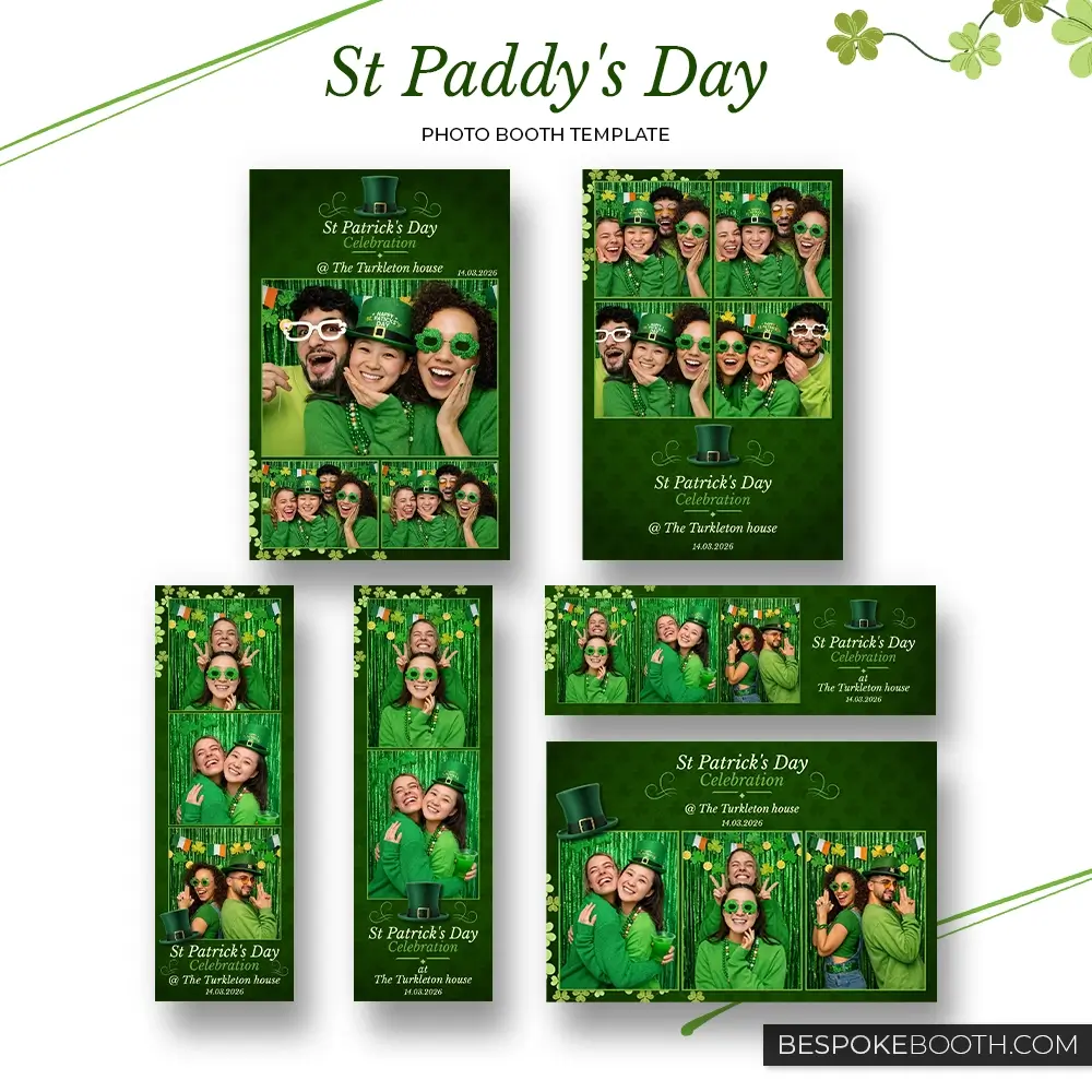 St Patrick’s Day green photo booth templates collection with lucky Ireland leprechaun theme in multiple layouts for photo booth owners