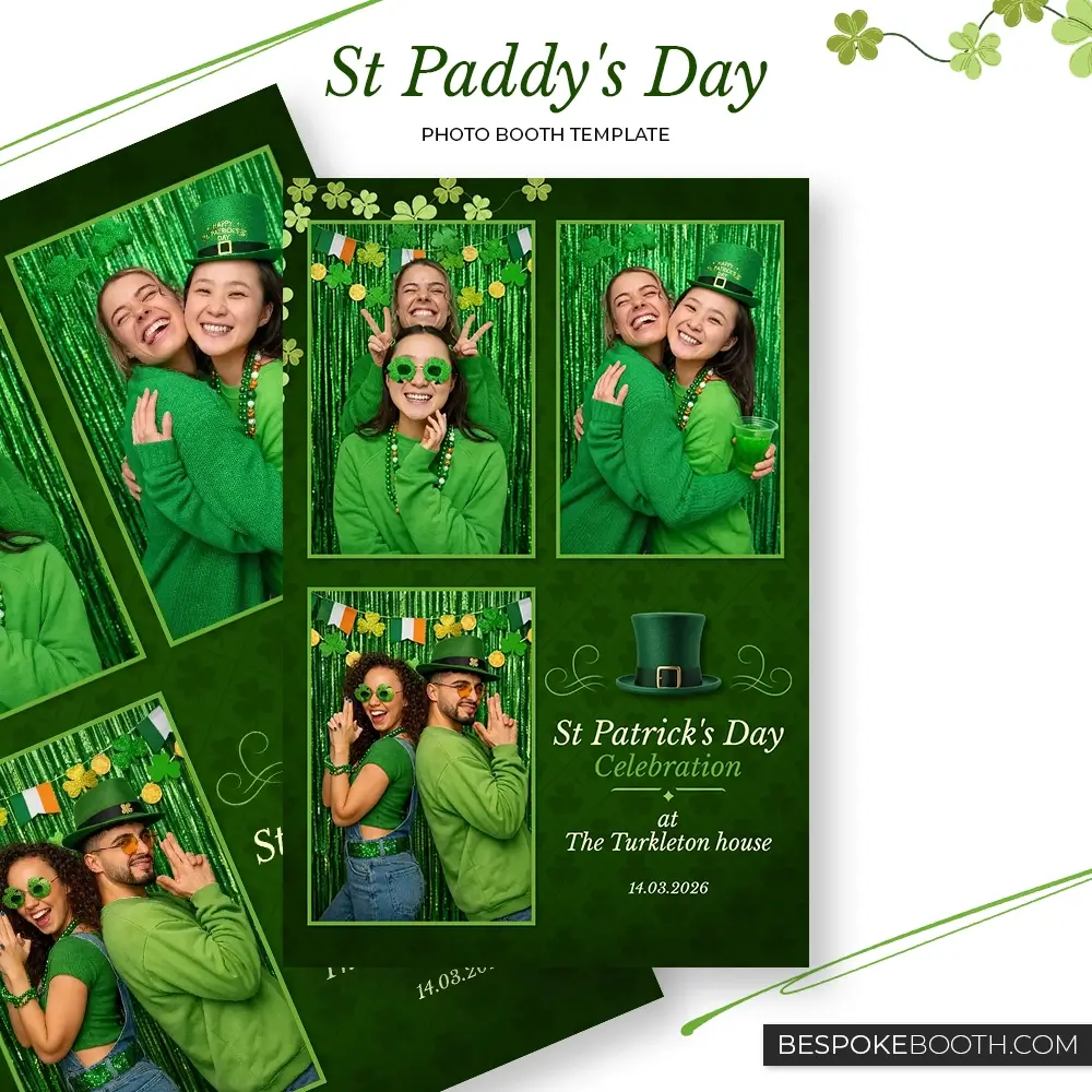 St Patrick’s Day green photo booth template with lucky Ireland leprechaun theme in 4x6 layout for photo booth owners