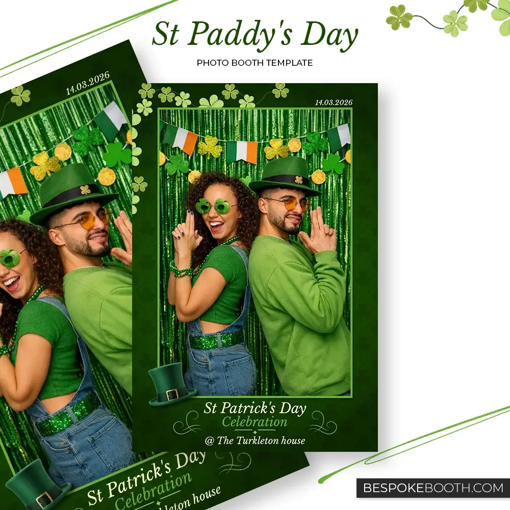 St Patrick’s Day green photo booth template with lucky Ireland leprechaun theme in single photo 4x6 layout for photo booth owners