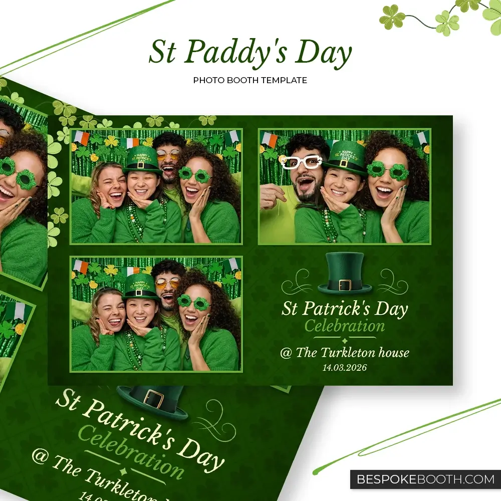St Patrick’s Day green photo booth template with lucky Ireland leprechaun theme in 6x4 three photo layout for photo booth owners