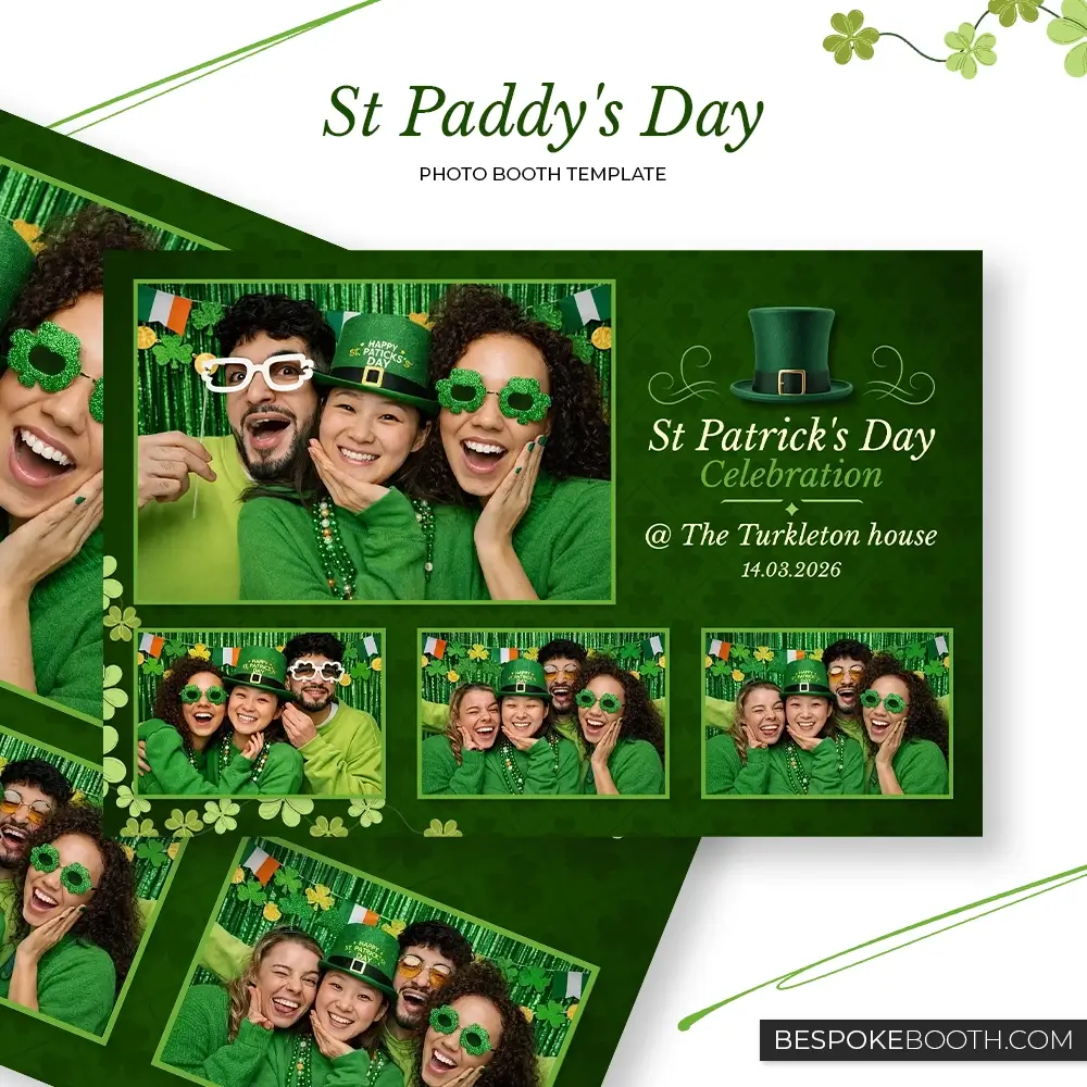St Patrick’s Day green photo booth template with lucky Ireland leprechaun theme in 6x4 four photo layout for photo booth owners