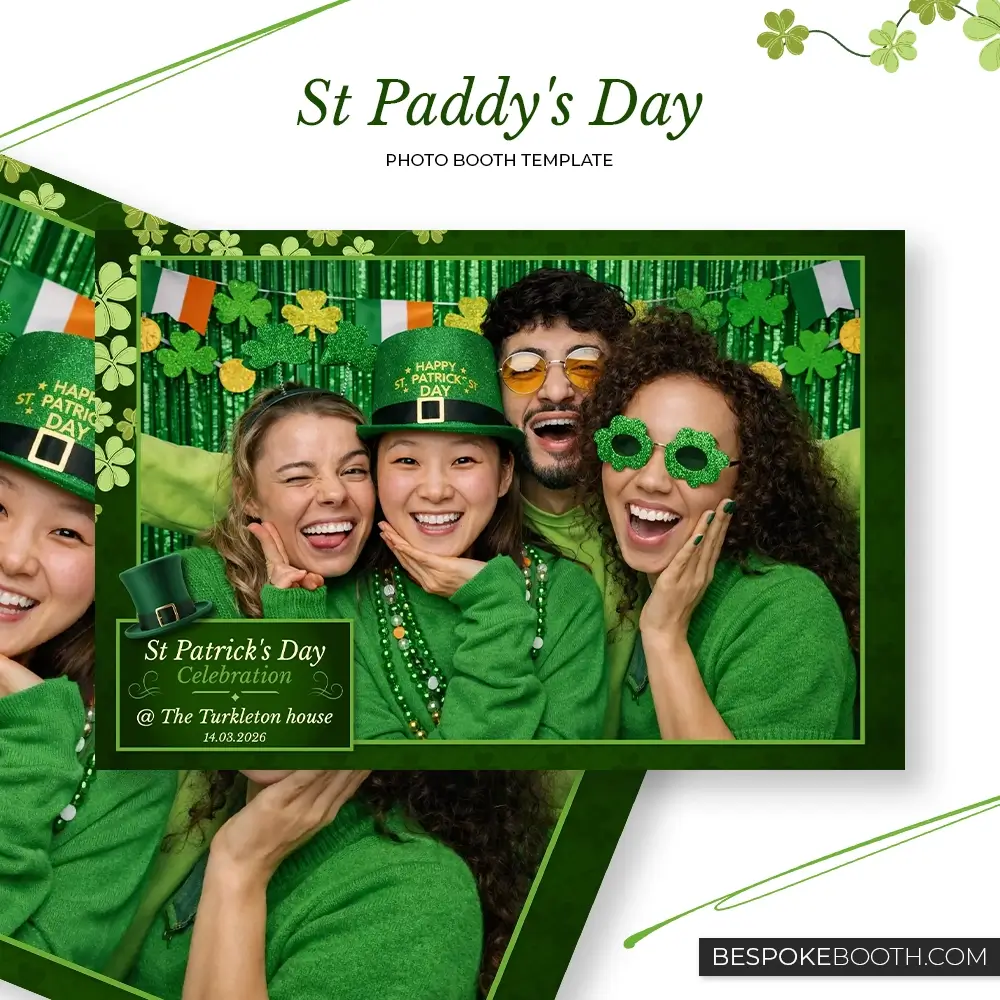 St Patrick’s Day green photo booth template with lucky Ireland leprechaun theme in 6x4 single photo layout for photo booth owners