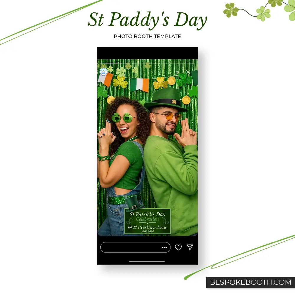 St Patrick’s Day green 360 photo booth template with lucky Ireland leprechaun theme in portrait format for photo booth owners