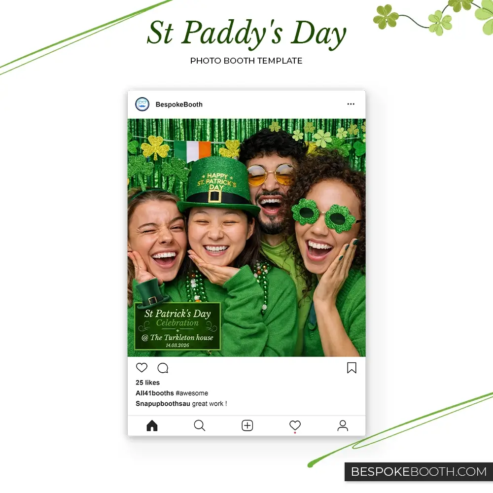 St Patrick’s Day green square photo booth template with lucky Ireland leprechaun theme for social sharing and photo booth owners