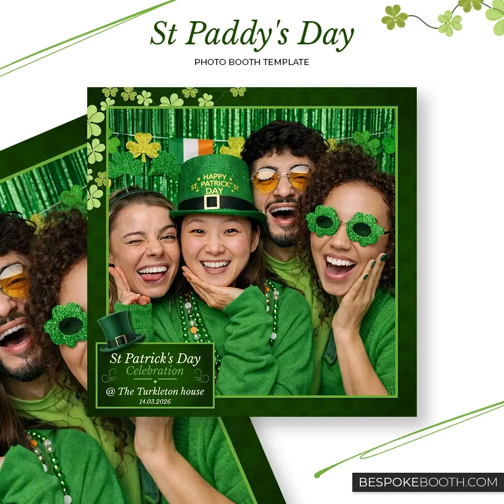 St Patrick’s Day green GIF square photo booth template with lucky Ireland leprechaun theme for photo booth owners