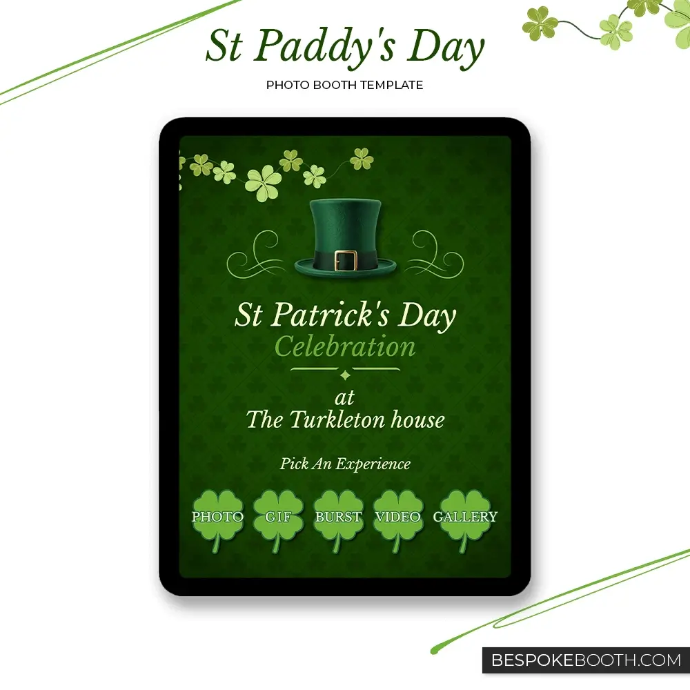 St Patrick’s Day green photo booth start screen template with lucky Ireland leprechaun theme for photo booth owners