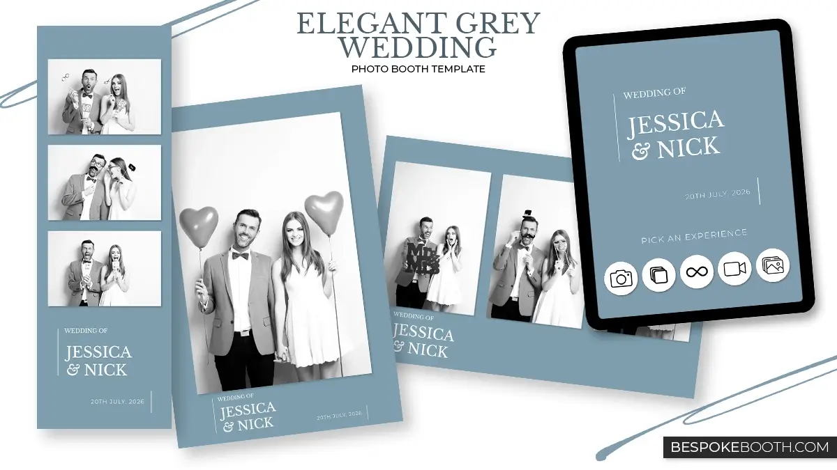 Elegant grey blue minimal wedding photo booth templates showing 2x6 strip 4x6 prints multi photo layouts and matching start screen for photo booth owners