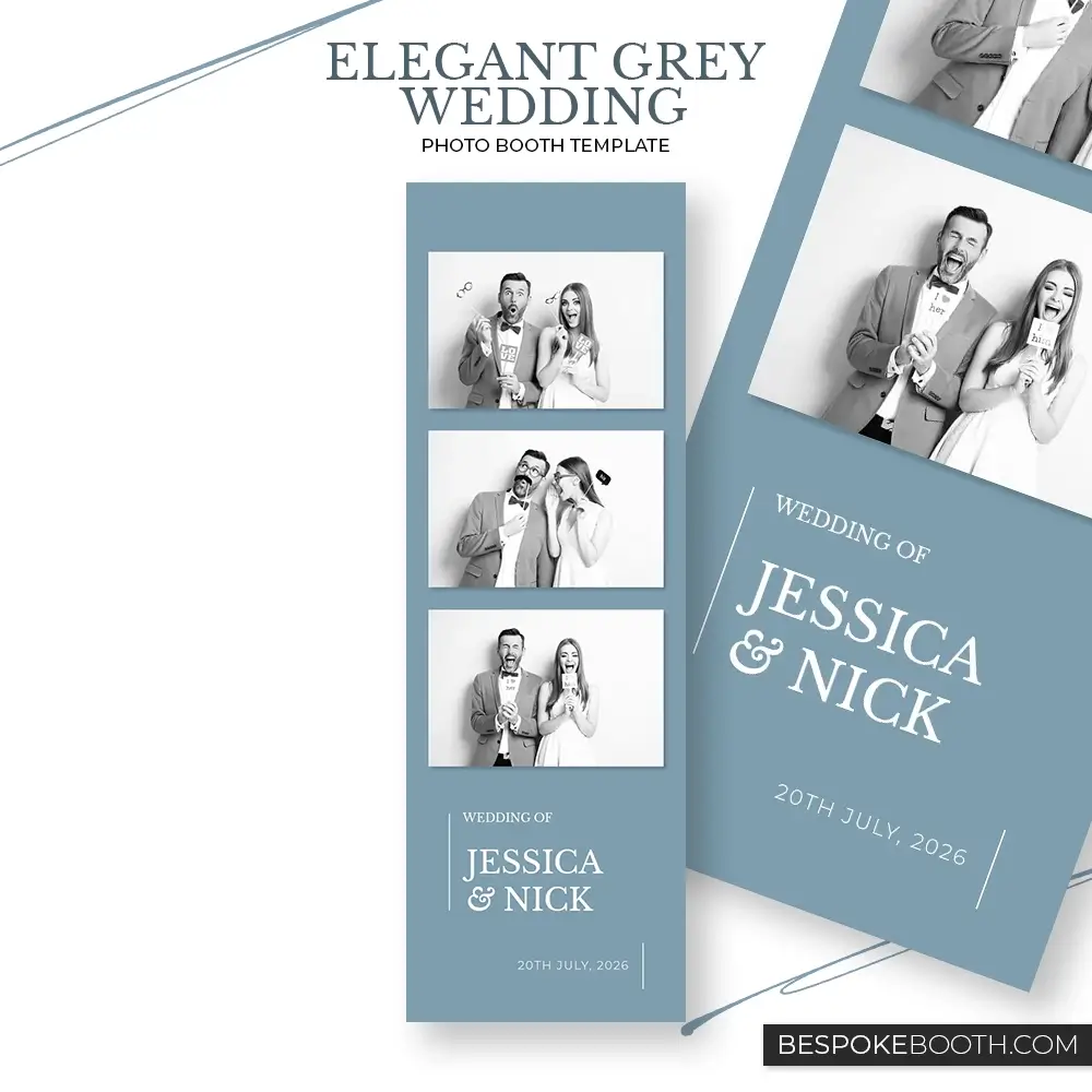 Elegant grey blue minimal wedding photo booth template with vertical three photo layout refined typography and romantic love inspired design for photo booth owners