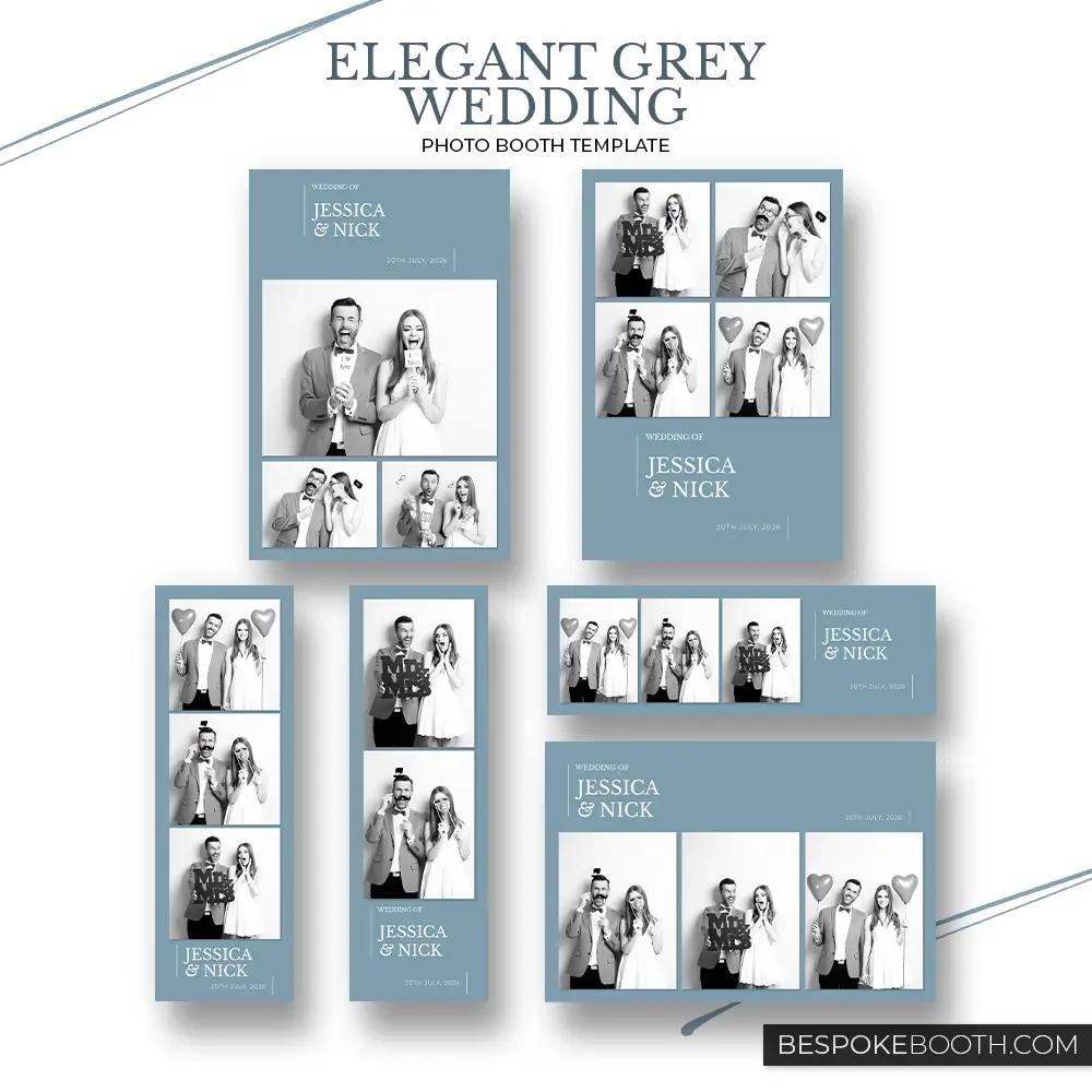 Elegant grey blue minimal wedding photo booth templates collection with multiple print layouts refined typography and romantic love inspired design for photo booth owners
