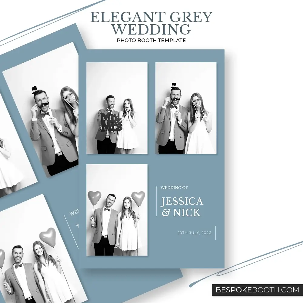 Elegant grey blue minimal wedding photo booth template with modern multi photo layout refined typography and romantic love inspired design for photo booth owners