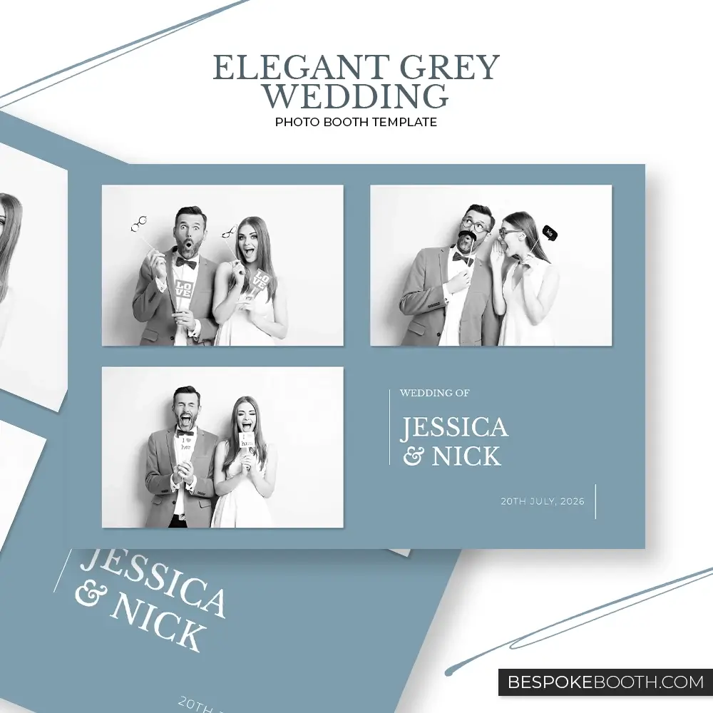 Elegant grey blue minimal wedding photo booth template with three photo layout refined typography and romantic love inspired design for photo booth owners
