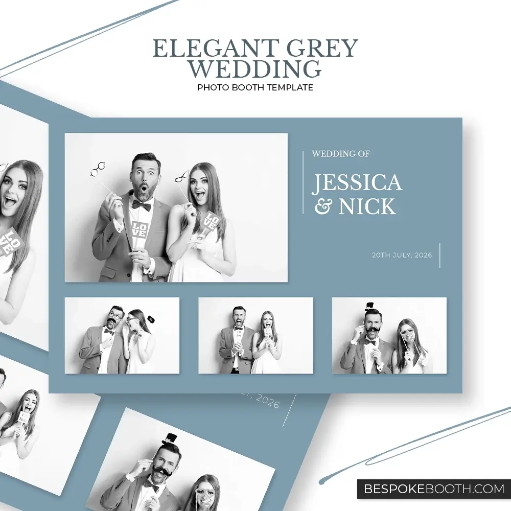 Elegant grey blue minimal wedding photo booth template with four photo layout refined typography and romantic love inspired design for photo booth owners