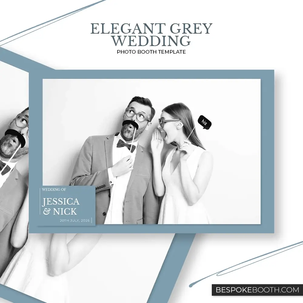 Elegant grey blue minimal wedding photo booth template with single landscape photo layout refined typography and romantic love inspired design for photo booth owners