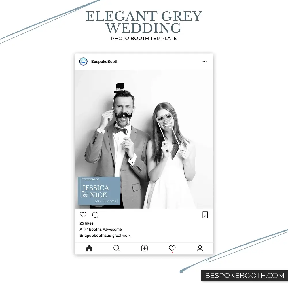 Elegant grey blue minimal wedding photo booth template for square social media photo display with refined typography and romantic love inspired design for photo booth owners