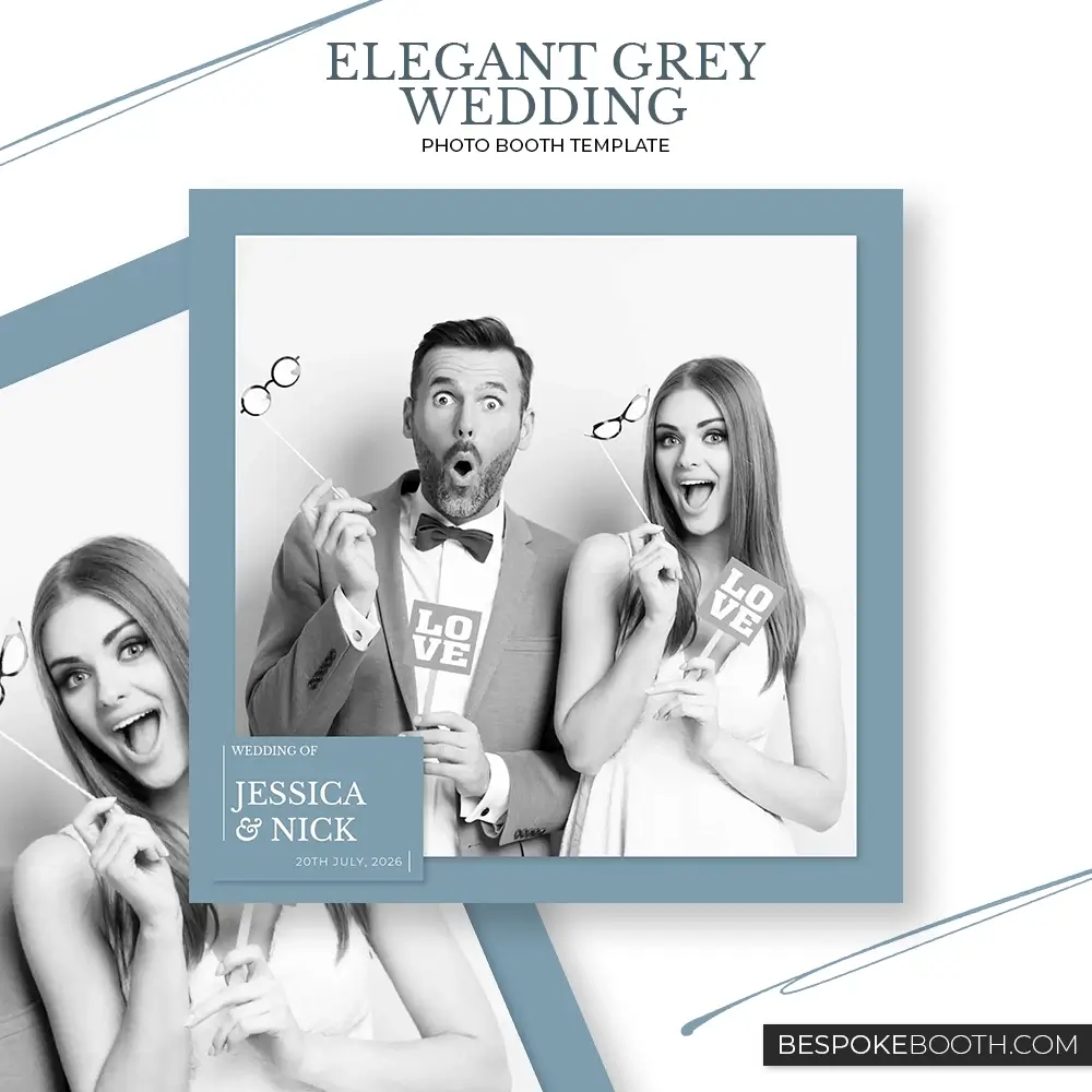 Elegant grey blue minimal wedding photo booth template square design with refined typography romantic love inspired styling and clean modern layout for photo booth owners