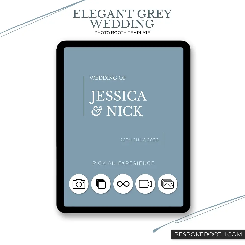 Elegant grey blue minimal wedding start screen photo booth template with refined typography clean icons and romantic love inspired design for photo booth owners
