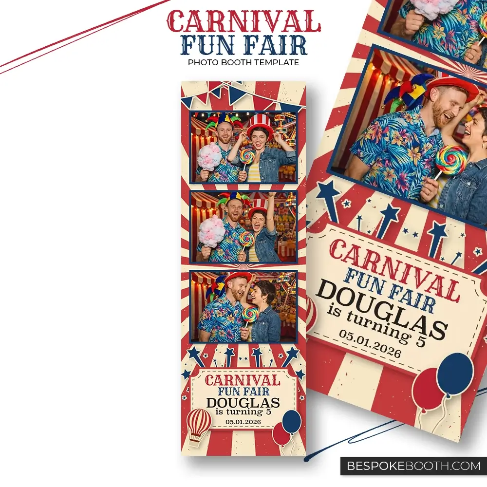 Carnival circus fun fair photo booth template in 2x6 strip layout with red and cream ticket style background, balloons, hot air balloon illustration and bold carnival graphics for birthday events.