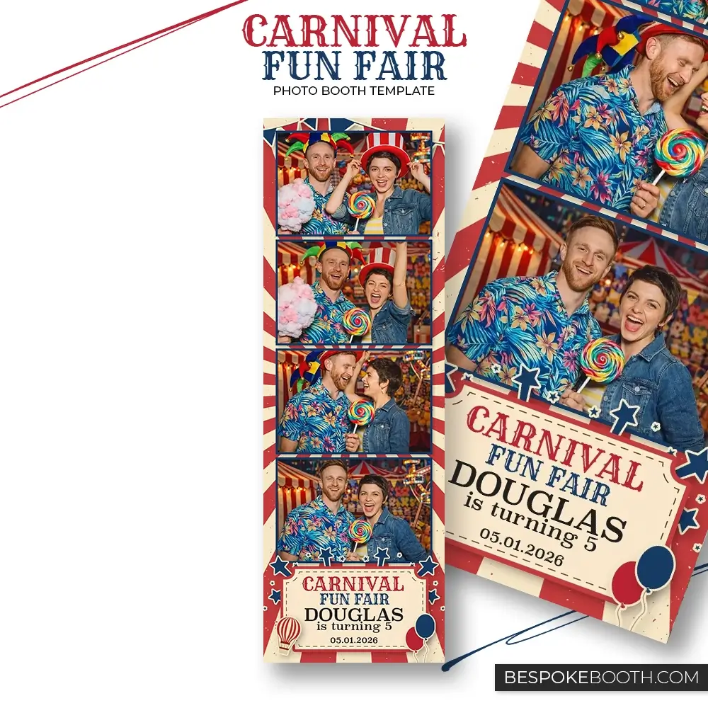 Carnival circus fun fair photo booth template in 2x6 four photo strip layout with red and cream ticket background, balloons, hot air balloon illustration and bold carnival graphics for birthday celebrations.