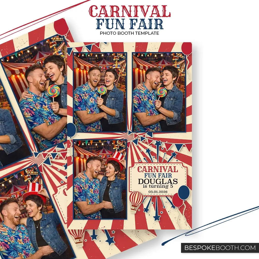 Carnival circus fun fair 4x6 photo booth template with three photo layout, red and cream ticket background, balloons, hot air balloon illustration and bold carnival graphics for birthday events.
